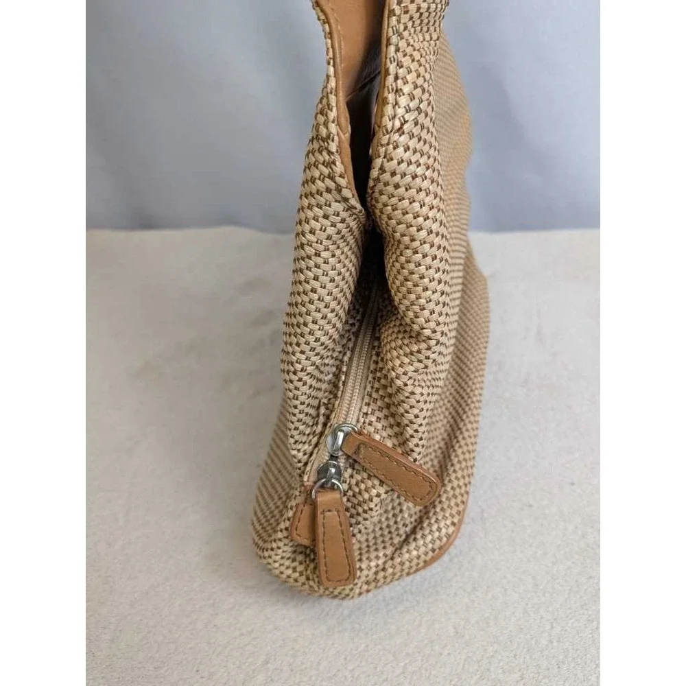 Croft & Barrow Woven Shoulder Bag‎ Tan Brown Leather Trim Everyday Hobo Purse